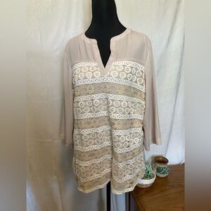 Investment Petites Beige Tan Cream Large Petite Lace V Neck Blouse